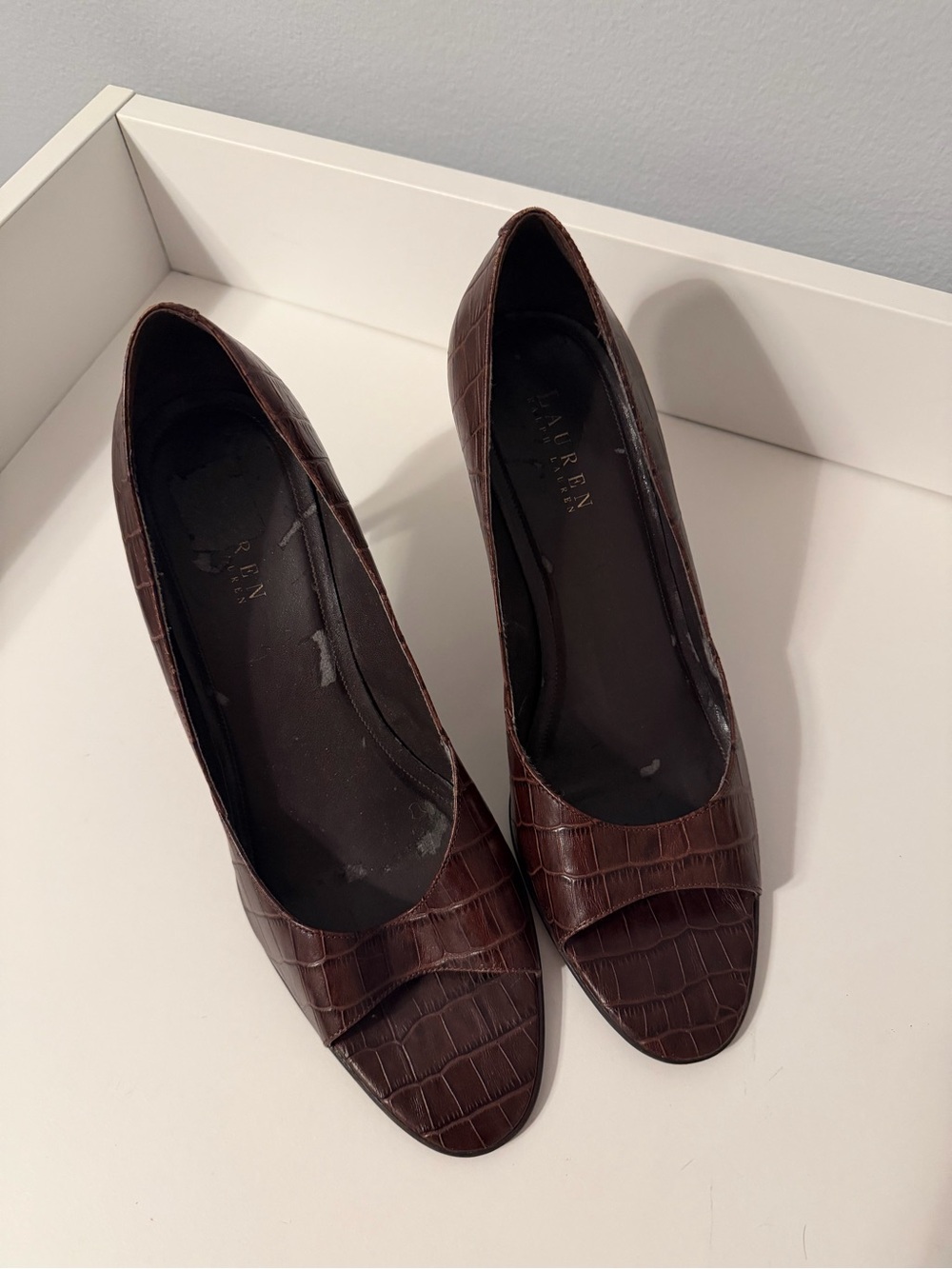 Lauren Ralph Lauren Dark Brown Croc-Embossed Pointed Toe Pumps